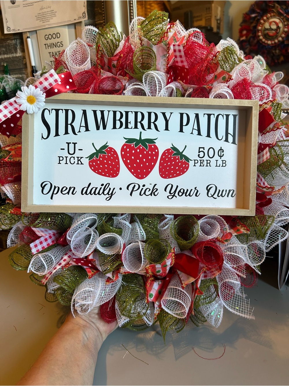 Hand Crafted Strawberry Patch Wreath - Red, White, Green